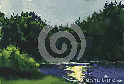 Vector watercolor landscape of riverside on moonlit summer night Vector Illustration