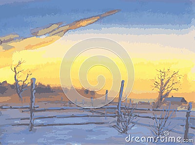 Vector watercolor landscape of winter yellow frosty sunset in countryside Vector Illustration
