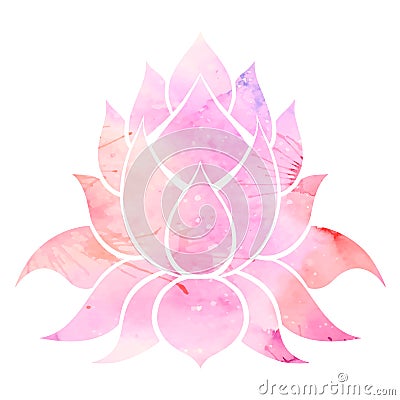 Vector watercolor lotus illustration. Simple silhouette of water lily on pink background with splashes. Mystical picture Vector Illustration