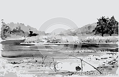 Vector watercolor monochrome drawing of landscape riverside with trees,grass and fishing rod Stock Photo