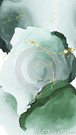Vector watercolor repetition liquid flow in green colors with gold glitters. Vector contrast alcohol ink grunge abstract Vector Illustration