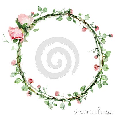 Vector watercolor round frame with roses and foliage elements. Hand draw floral border Vector Illustration