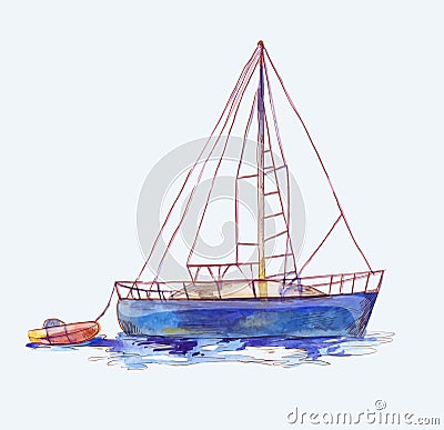 Vector watercolor sailboat with dinghy isolated on white. Seascape scene in sketch style Vector Illustration