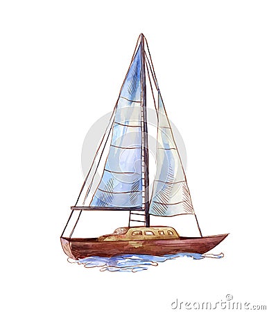 Vector watercolor sailboat isolated on white. Seascape scene in sketch style Vector Illustration