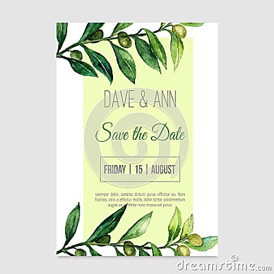 Vector watercolor save the date card in nature style with olive branch. Stock Photo