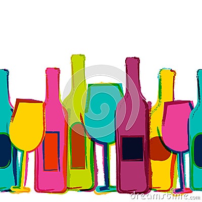 Vector watercolor seamless background, colorful wine bottles and Vector Illustration