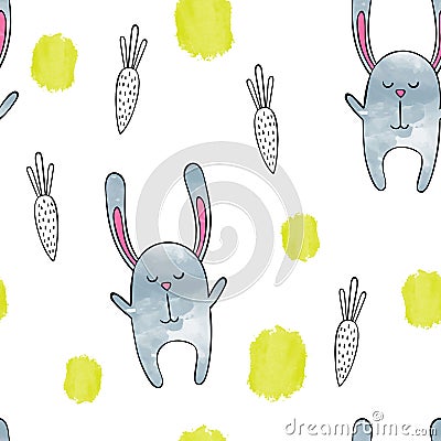 Cute Bunny . Vector watercolor seamless pattern Stock Photo