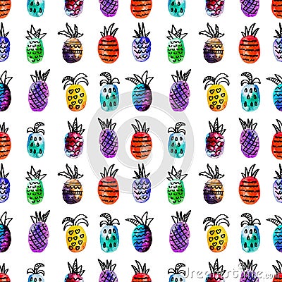 Vector watercolor seamless pattern with colorful rainbow pinapple and black hand-drawn elements. On white background Vector Illustration