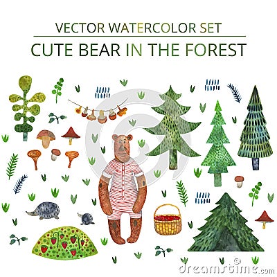 Vector watercolor set Cute bear with hedgehog and spruce, pine, mushrooms, basket with berries, leaves Vector Illustration