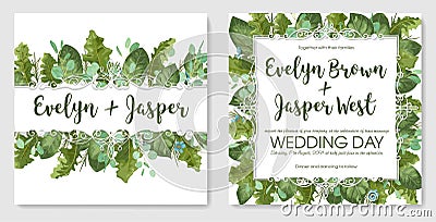 2vector watercolor set of garden foliage Template of wedding invitation, greeting card, label, banner. Leaves of gerbera, roses Vector Illustration