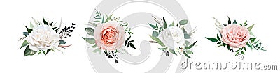 Vector, watercolor style floral bouquet. Blush peach, dusty pink, ivory white Rose flowers, Eucalyptus greenery, berries, tender Vector Illustration