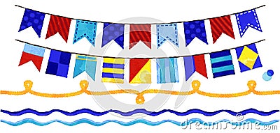 Vector Watercolor Style Nautical Rope, Waves and Bunting Vector Illustration