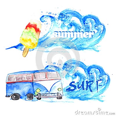 Vector watercolor summer surf set of banners with Vector Illustration