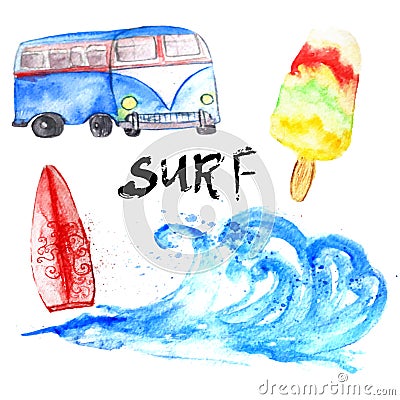 Vector watercolor summer surf set with bus and Vector Illustration