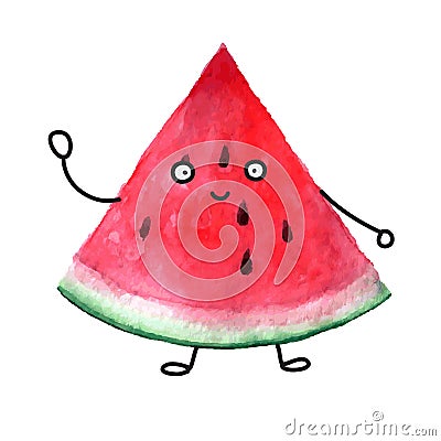 Vector watercolor super friendly watermelon. Character design. Vector Illustration