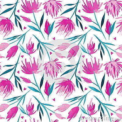 Vector watercolour floral seamless pattern, delicate flowers, green, turquoise and pink flowers Vector Illustration
