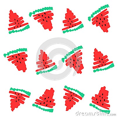 Vector watermelon slices background black seeds. Hand drawn summer food fruits watercolor watermelons illustration. Graphic design Vector Illustration