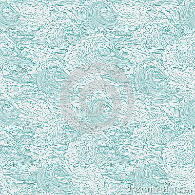 Vector waves sea ocean seamless background pattern. Big and small bursts splash with foam and bubbles. Outline sketch Vector Illustration