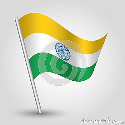 Vector waving triangle indian flag on slanted silver pole - icon of india with metal stick Vector Illustration