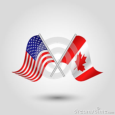 Vector waving triangle two crossed american and canadian flags on slanted silver pole - icon united states of america and Vector Illustration