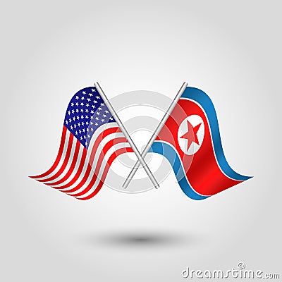 Vector waving triangle two crossed american and korean flags on slanted silver pole - icon of united states of america and Vector Illustration