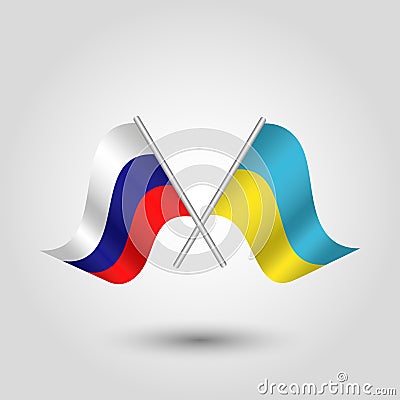 Vector waving triangle two crossed ukrainian and russian flags on slanted silver pole - icon of ukraine and russia Vector Illustration