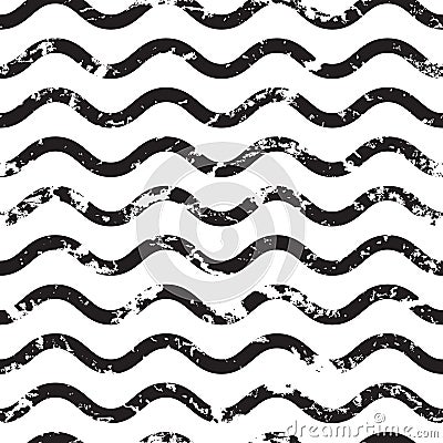 Vector wavy line grunge seamless pattern. Abstract black and white old texture background Vector Illustration