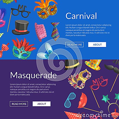 Vector web banners illustration with masks and party accessories Vector Illustration