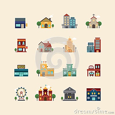 Vector web flat icons set - buildings collection of city design Vector Illustration