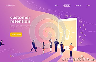 Vector web page concept design with customer retention theme - office people stand at big digital tablet screen. Vector Illustration