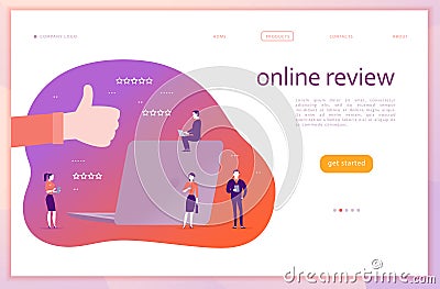 Vector web page concept design with online review theme. Office people with gadgets - laptop, tablet, smartphone. Vector Illustration