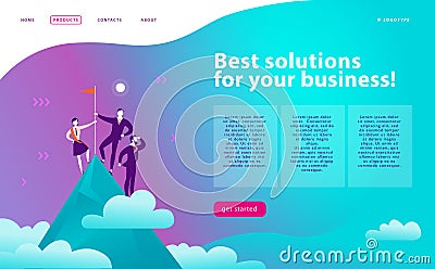 Vector web page design template - business solutions, consulting, marketing, support concept. People standing on mountain peak wit Vector Illustration