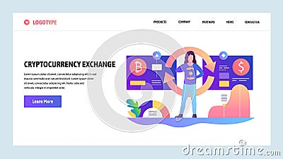 Vector web site design template. Cryptocurrency exchange, bitcoin dollar rate. Landing page concepts for website and Vector Illustration