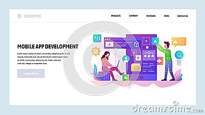 Vector web site design template. Mobile app development team, programmer build a software code. Landing page concepts Vector Illustration