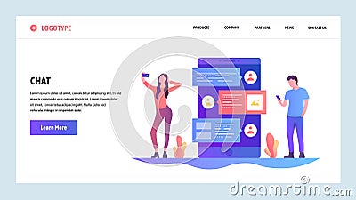 Vector web site design template. Online internet chat and mobile phone messenger app. People talk on a phone by sms Vector Illustration