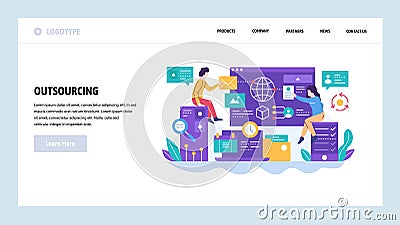 Vector web site design template. Outsourcing and software development. Team working with new project. Landing page Vector Illustration
