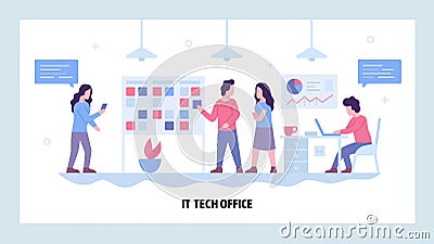 Vector web site design template. Software development company office with scrum board. Agile development, teamwork Vector Illustration