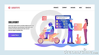 Vector web site gradient design template. Motorbike fast city delivery service. Post mail service. Landing page concepts Vector Illustration