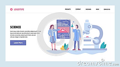 Vector web site gradient design template. Science experiment in a lab. Scientists, microscope, flask. Landing page Vector Illustration