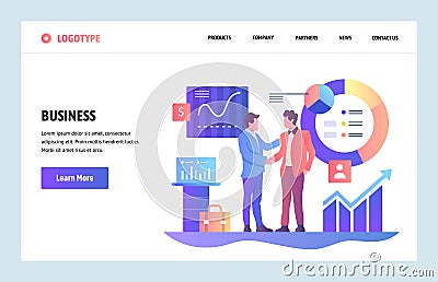 Vector web site linear art design template. Business partnership concept. Businessmen cut a deal with finance charts on Vector Illustration