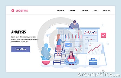 Vector web site linear art design template. Business team do data analysis using finance chart and dashboard. Landing Vector Illustration