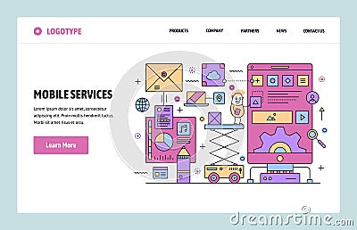 Vector web site linear art design template. Mobile phone services and smartphone applications. Landing page concepts for Vector Illustration