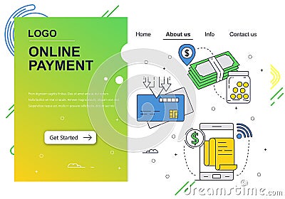 Vector web site linear art design template. Online money payment and new banking technology. Fintech concept. Landing Vector Illustration
