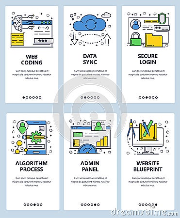 Vector web site linear art onboarding screens template. Web coding and internet services, data syncing, secure login Vector Illustration