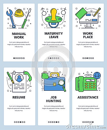 Vector web site linear art onboarding screens template. Construction worker tools, cv, briefcase and phone. Menu banners Vector Illustration