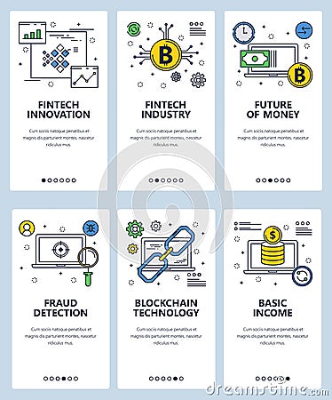 Vector web site linear art onboarding screens template. Cryptocurency and fintech innovation. Future of money. Menu Vector Illustration