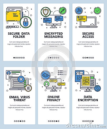 Vector web site linear art onboarding screens template. Cyber security and encrypted messaging app. Secure data and Vector Illustration