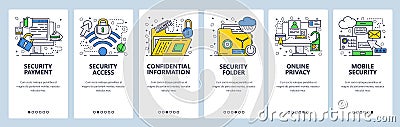 Vector web site linear art onboarding screens template. Cyber security, privacy and secure wireless access. Confidential Vector Illustration