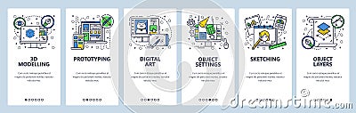 Vector web site linear art onboarding screens template. Digital art and design, 3d modelling, drawing, sketching. Menu Vector Illustration