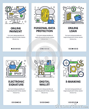 Vector web site linear art onboarding screens template. Financial services amd data protection. Fingerprint scanner Vector Illustration